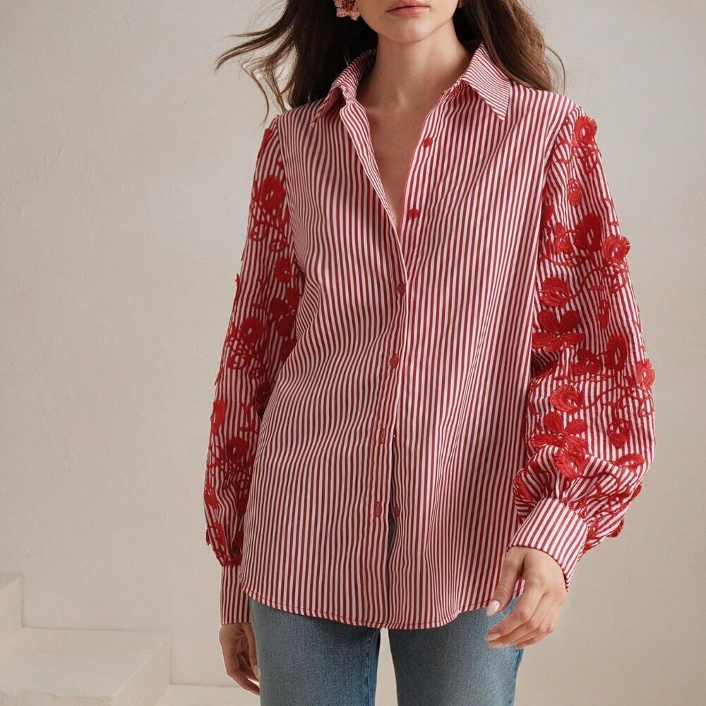 Multicolor Casual Women's Loose & Striped Patchwork Embroidered Shirt - Picture 6 of 8